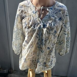 Ana & Rose Blue and Cream Tie Front 3/4 Sleeve Blouse